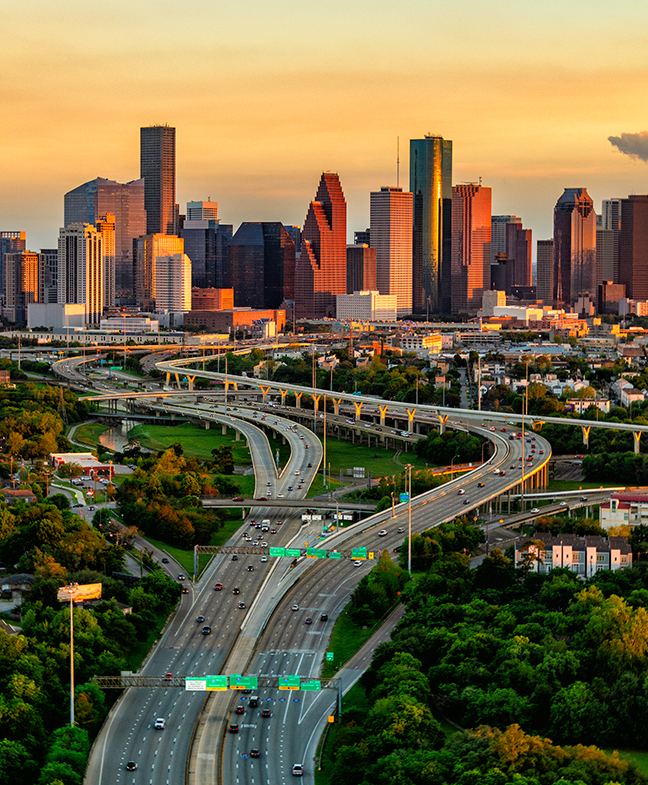 Image of the Houston skyline during a sunset.