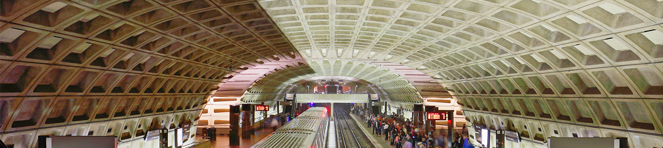 Image of a train and commuters in a Washington, D.C. metro station